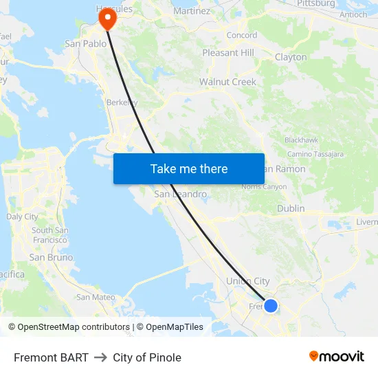 Fremont BART to City of Pinole map