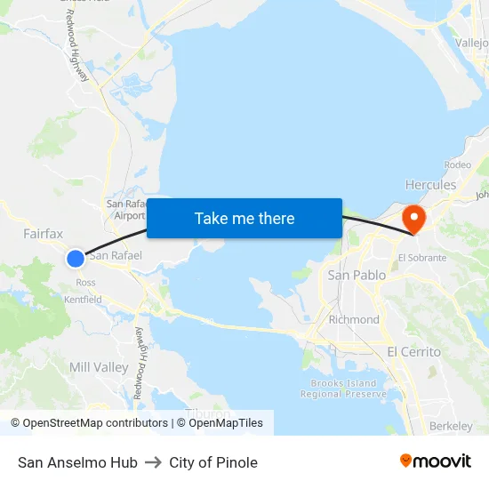 San Anselmo Hub to City of Pinole map