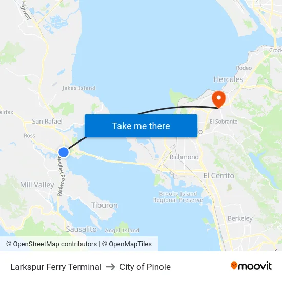 Larkspur Ferry Terminal to City of Pinole map