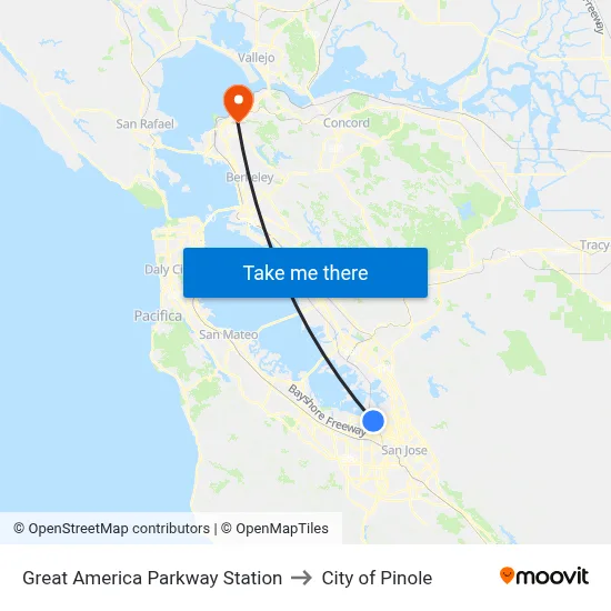 Great America Parkway Station to City of Pinole map