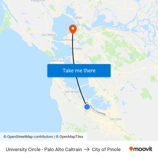 University Circle - Palo Alto Caltrain to City of Pinole map