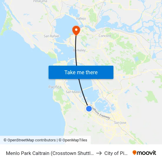Menlo Park Caltrain (Crosstown Shuttle Stop) to City of Pinole map
