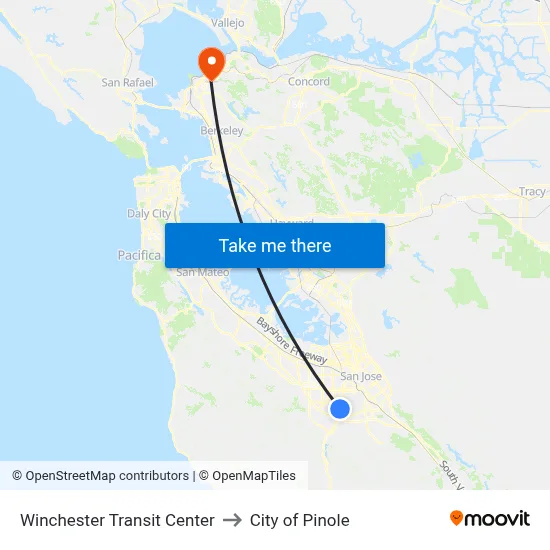 Winchester Transit Center to City of Pinole map