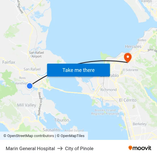 Marin General Hospital to City of Pinole map