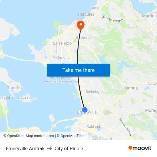 Emeryville Amtrak to City of Pinole map