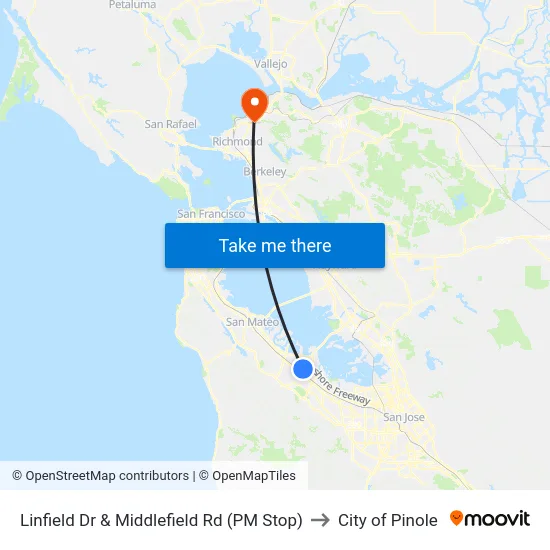 Linfield Dr & Middlefield Rd (PM Stop) to City of Pinole map