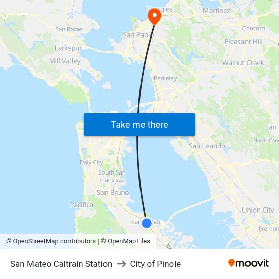 San Mateo Caltrain Station to City of Pinole map