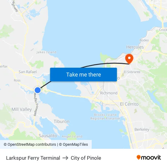 Larkspur Ferry Terminal to City of Pinole map