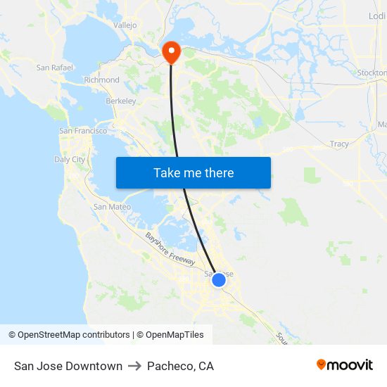 San Jose Downtown to Pacheco, CA map