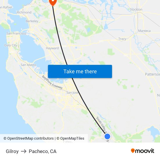 Gilroy to Pacheco, CA map