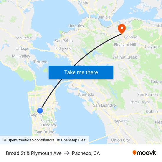 Broad St & Plymouth Ave to Pacheco, CA map