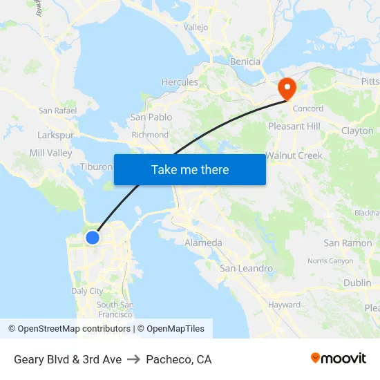 Geary Blvd & 3rd Ave to Pacheco, CA map