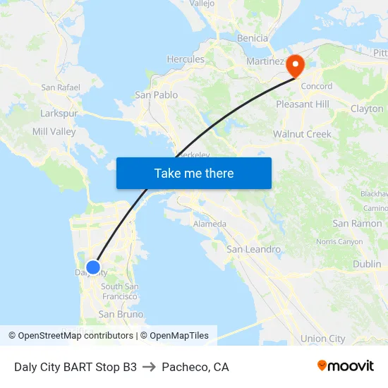 Daly City BART Stop B3 to Pacheco, CA map