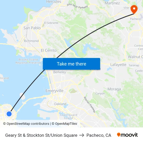Geary St & Stockton St/Union Square to Pacheco, CA map