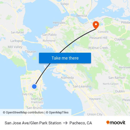 San Jose Ave/Glen Park Station to Pacheco, CA map