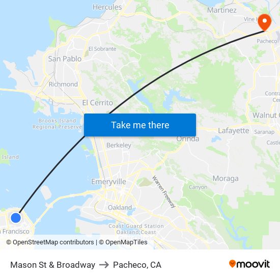 Mason St & Broadway to Pacheco, CA map