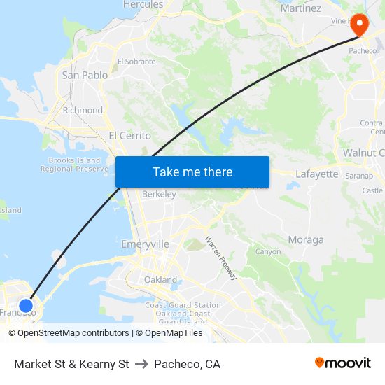 Market St & Kearny St to Pacheco, CA map