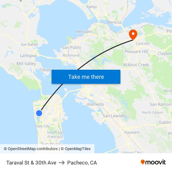 Taraval St & 30th Ave to Pacheco, CA map