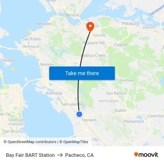 Bay Fair BART Station to Pacheco, CA map