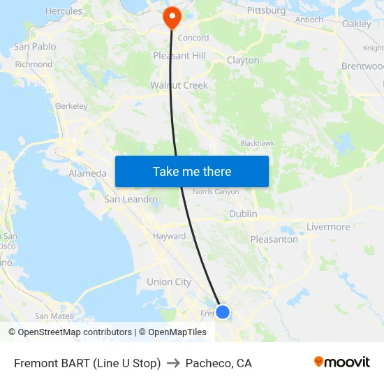 Fremont BART (Line U Stop) to Pacheco, CA map