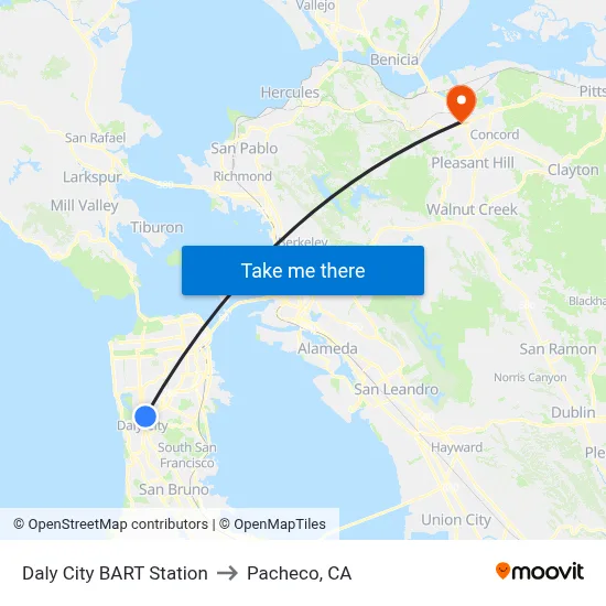 Daly City BART Station to Pacheco, CA map