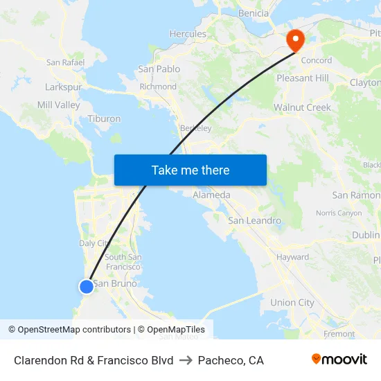 Clarendon Rd & Francisco Blvd to Pacheco, CA map
