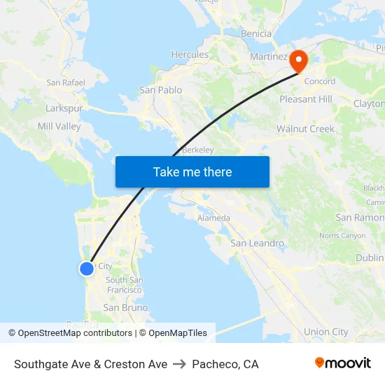 Southgate Ave & Creston Ave to Pacheco, CA map