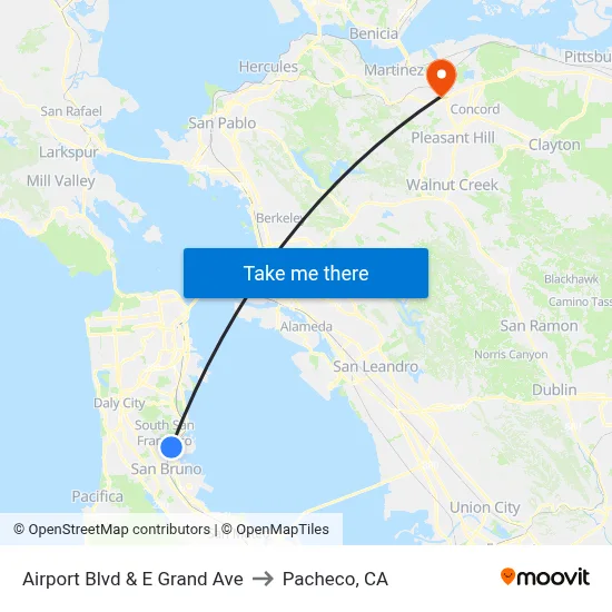 Airport Blvd & E Grand Ave to Pacheco, CA map