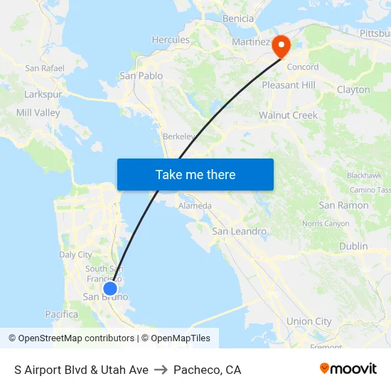 S Airport Blvd & Utah Ave to Pacheco, CA map