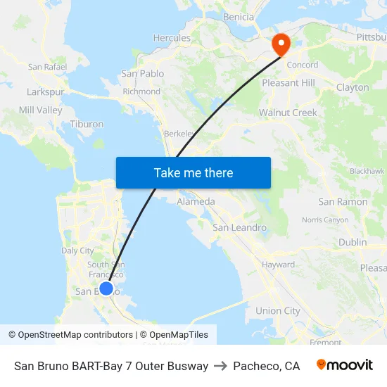 San Bruno BART-Bay 7 Outer Busway to Pacheco, CA map