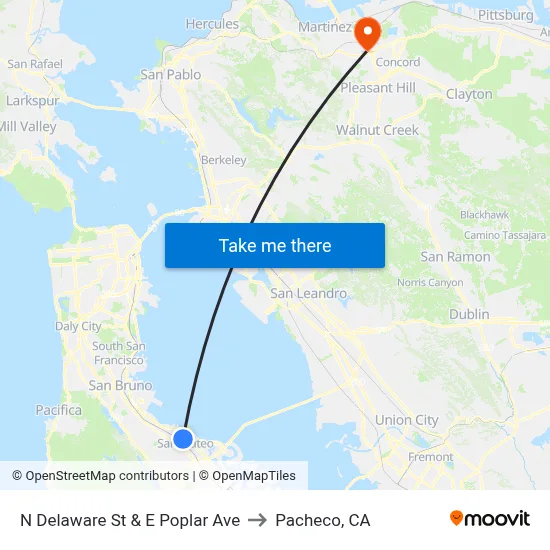 N Delaware St & E Poplar Ave to Pacheco, CA map