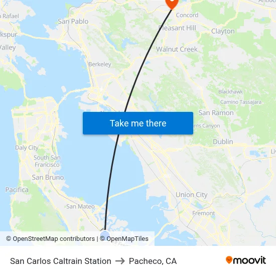 San Carlos Caltrain Station to Pacheco, CA map