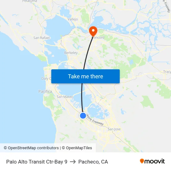 Palo Alto Transit Ctr-Bay 9 to Pacheco, CA map