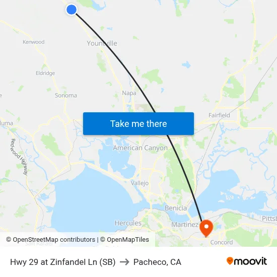 Hwy 29 at Zinfandel Ln (SB) to Pacheco, CA map