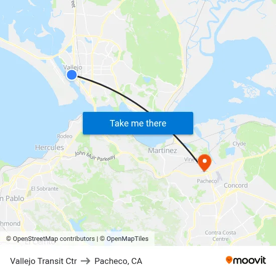 Vallejo Transit Ctr to Pacheco, CA map