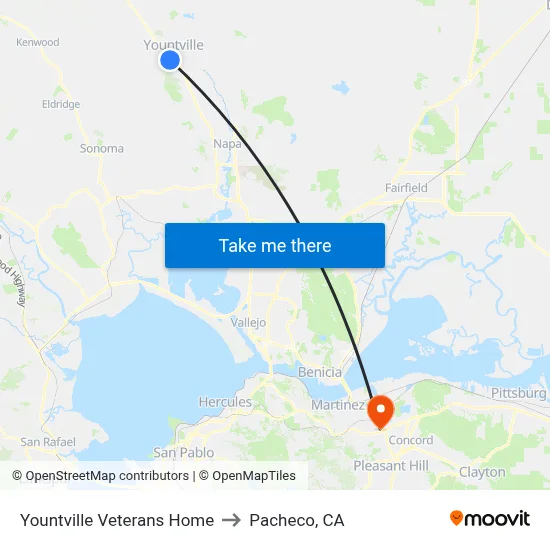 Yountville Veterans Home to Pacheco, CA map