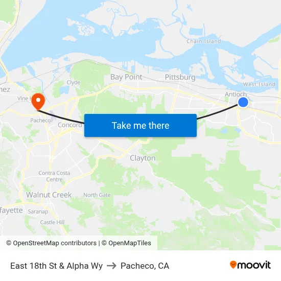 East 18th St & Alpha Wy to Pacheco, CA map