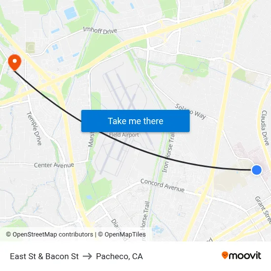 East St & Bacon St to Pacheco, CA map