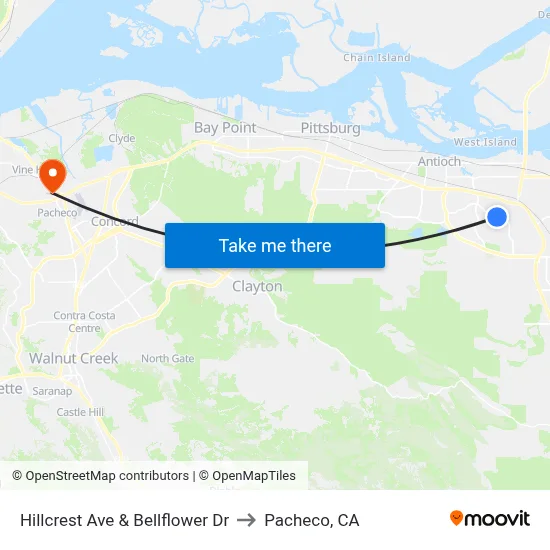 Hillcrest Ave & Bellflower Dr to Pacheco, CA map