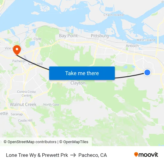 Lone Tree Wy & Prewett Prk to Pacheco, CA map