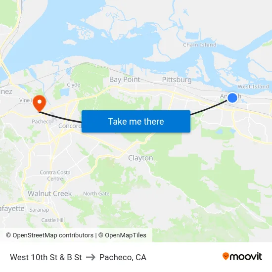 West 10th St & B St to Pacheco, CA map
