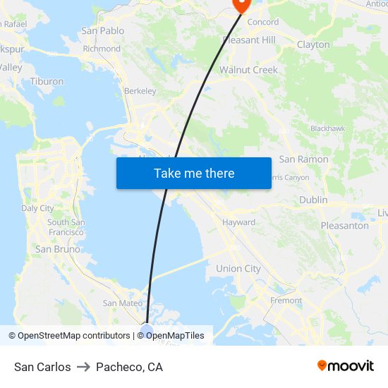 San Carlos to Pacheco, CA map