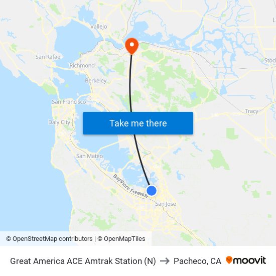 Great America ACE Amtrak Station (N) to Pacheco, CA map