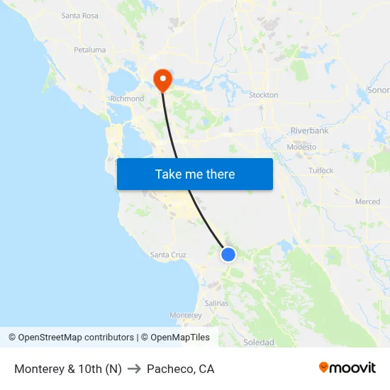 Monterey & 10th (N) to Pacheco, CA map