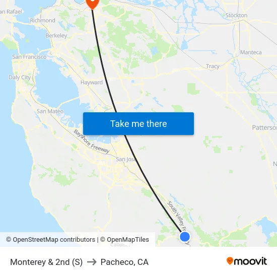 Monterey & 2nd (S) to Pacheco, CA map