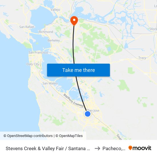 Stevens Creek & Valley Fair / Santana Row (W) to Pacheco, CA map