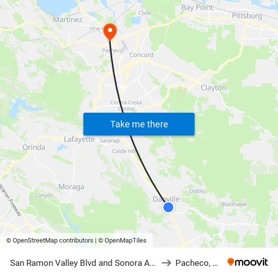 San Ramon Valley Blvd and Sonora Ave to Pacheco, CA map