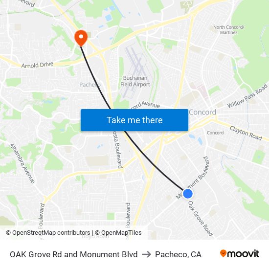 OAK Grove Rd and Monument Blvd to Pacheco, CA map