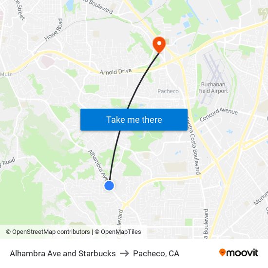 Alhambra Ave and Starbucks to Pacheco, CA map