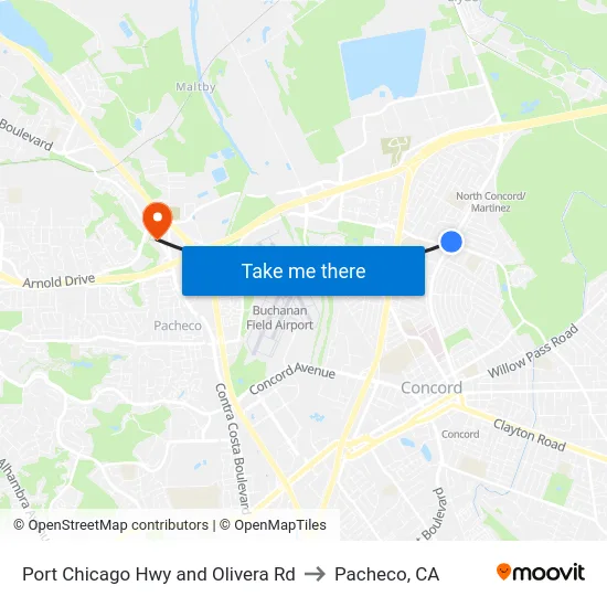 Port Chicago Hwy and Olivera Rd to Pacheco, CA map